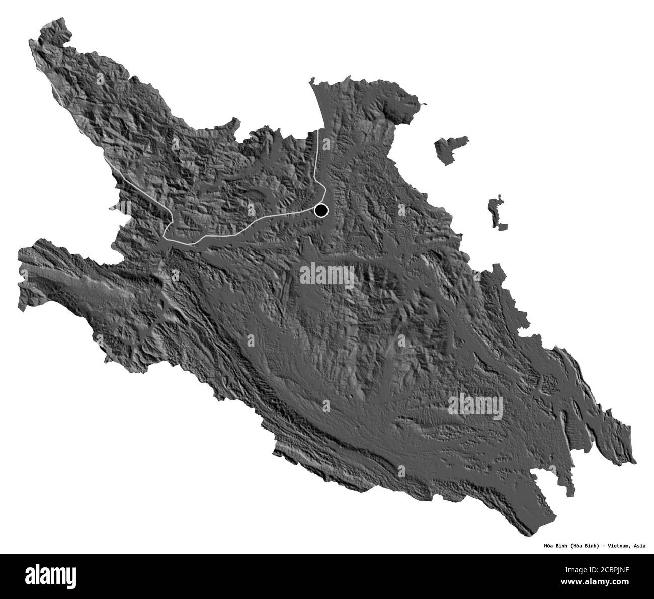 Forma di Hòa Bình, provincia del Vietnam, con la sua capitale isolata su sfondo bianco. Mappa elevazione bilivello. Rendering 3D Foto Stock