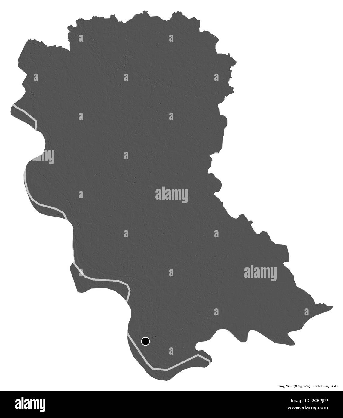 Forma di Hưng Yên, provincia del Vietnam, con la sua capitale isolata su sfondo bianco. Mappa elevazione bilivello. Rendering 3D Foto Stock
