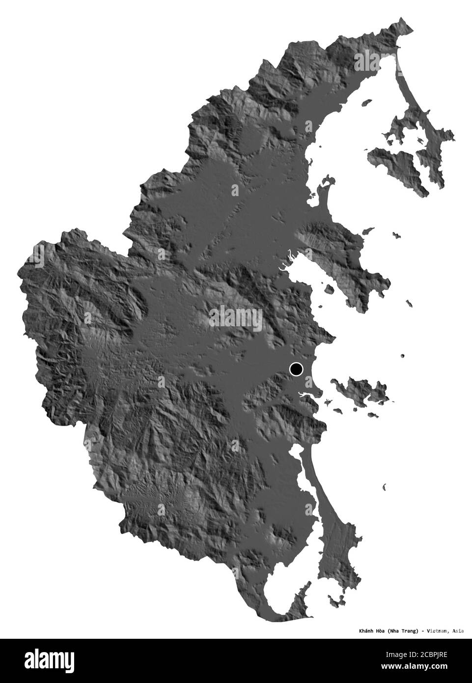 Forma di Khánh Hòa, provincia del Vietnam, con la sua capitale isolata su sfondo bianco. Mappa elevazione bilivello. Rendering 3D Foto Stock