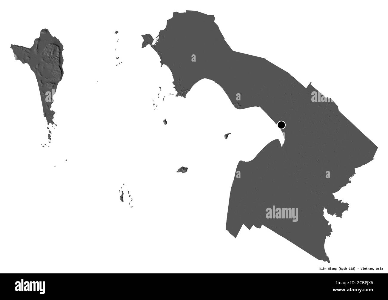 Forma di Kiên Giang, provincia del Vietnam, con la sua capitale isolata su sfondo bianco. Mappa elevazione bilivello. Rendering 3D Foto Stock