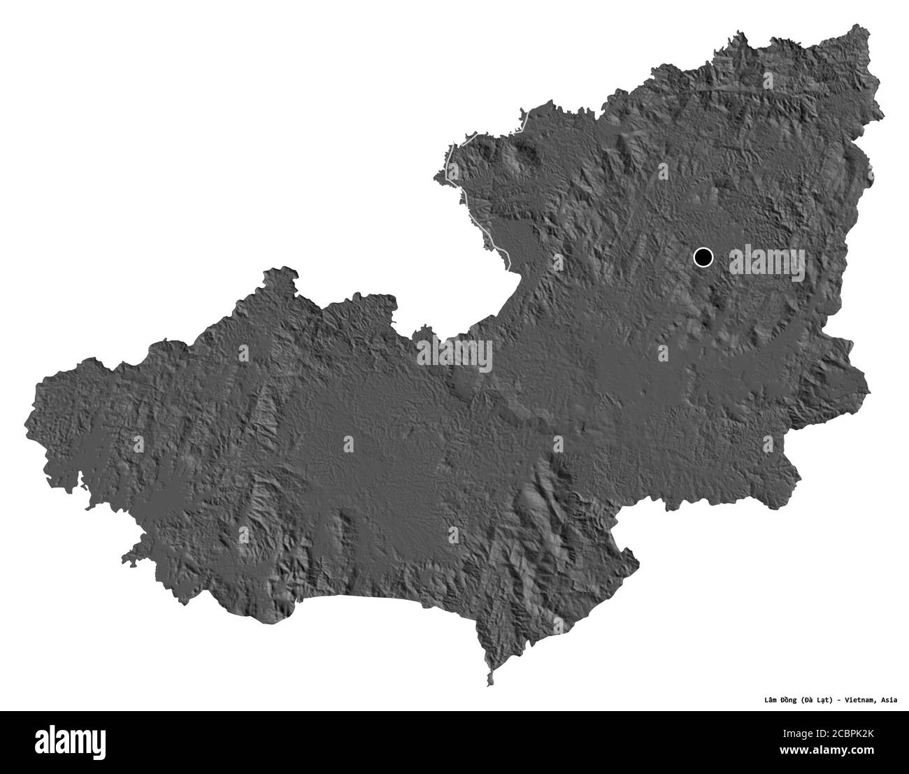 Forma di Lâm Đồng, provincia del Vietnam, con la sua capitale isolata su sfondo bianco. Mappa elevazione bilivello. Rendering 3D Foto Stock