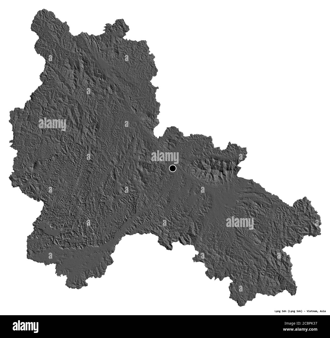 Forma di Lạng Sơn, provincia del Vietnam, con la sua capitale isolata su sfondo bianco. Mappa elevazione bilivello. Rendering 3D Foto Stock