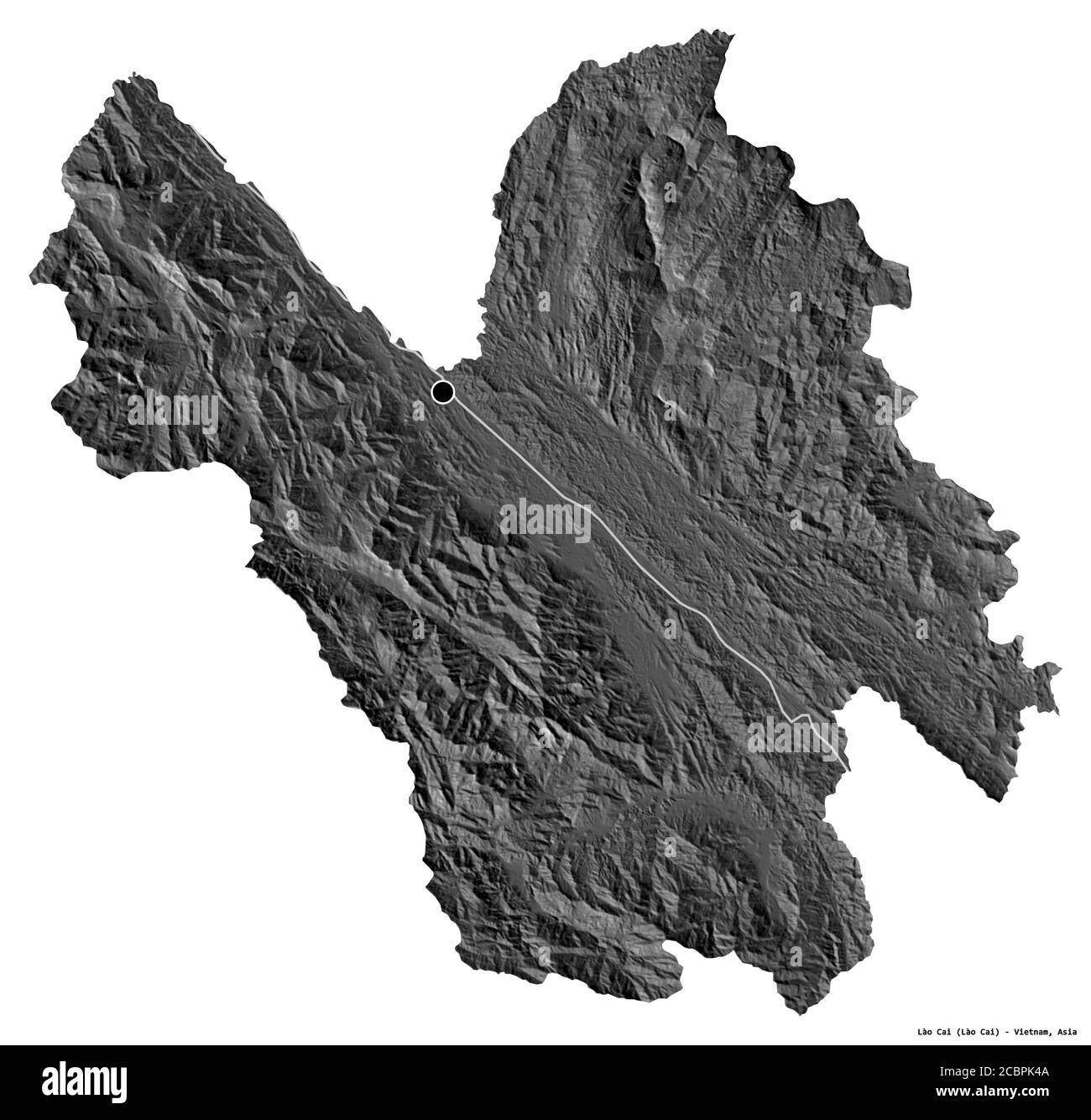 Forma di Lào Cai, provincia del Vietnam, con la sua capitale isolata su sfondo bianco. Mappa elevazione bilivello. Rendering 3D Foto Stock