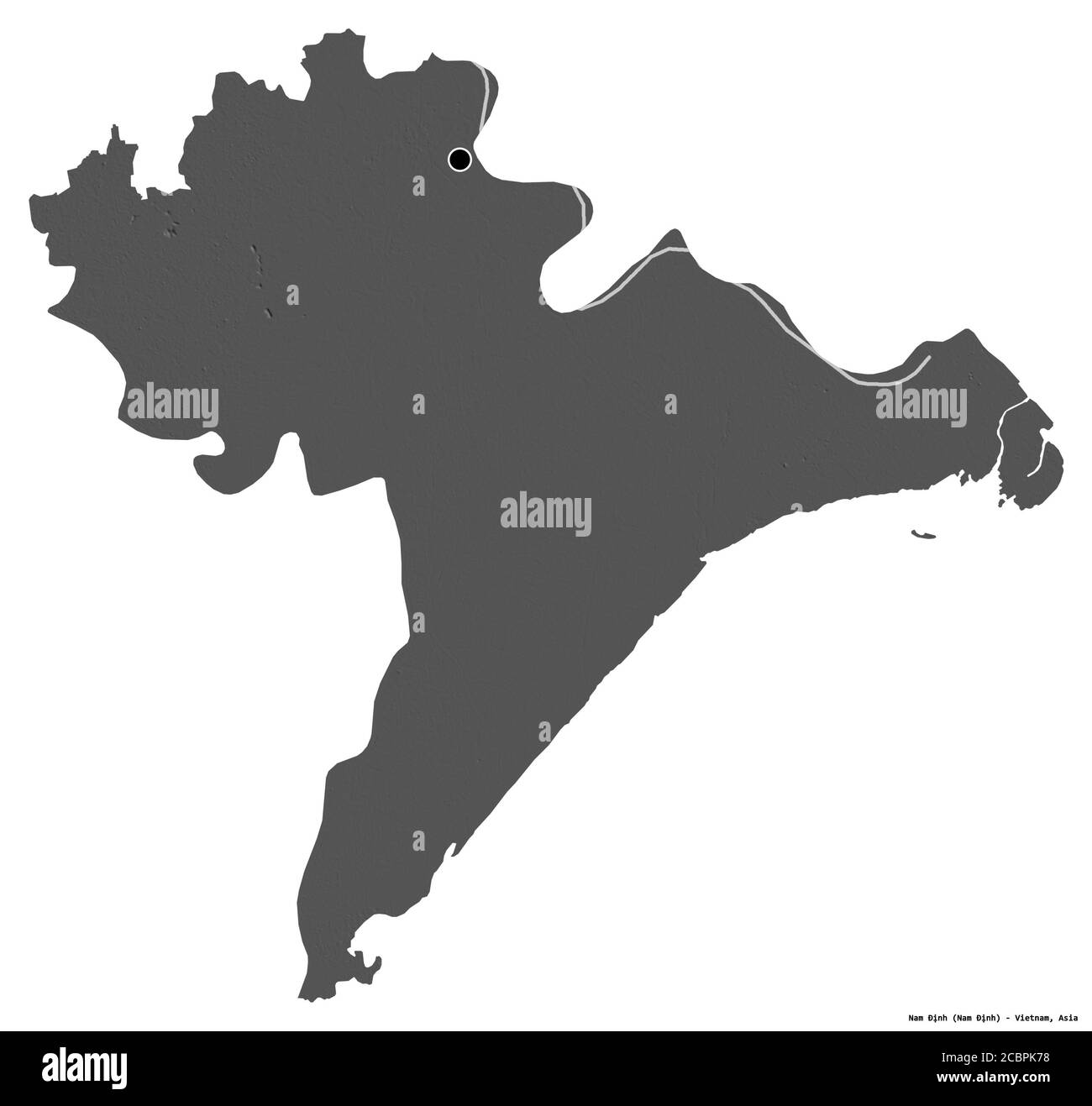 Forma di Nam Định, provincia del Vietnam, con la sua capitale isolata su sfondo bianco. Mappa elevazione bilivello. Rendering 3D Foto Stock