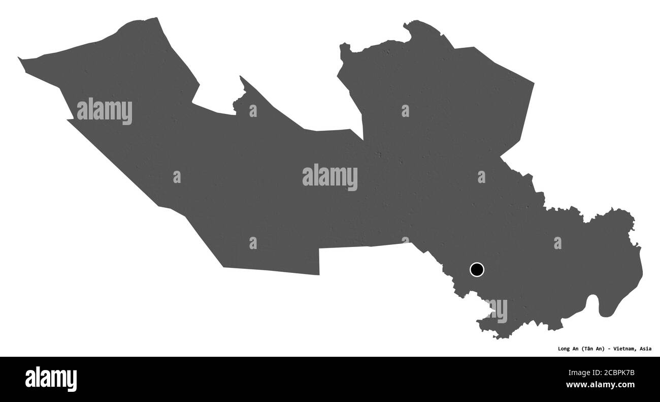 Forma di Long An, provincia del Vietnam, con la sua capitale isolata su sfondo bianco. Mappa elevazione bilivello. Rendering 3D Foto Stock