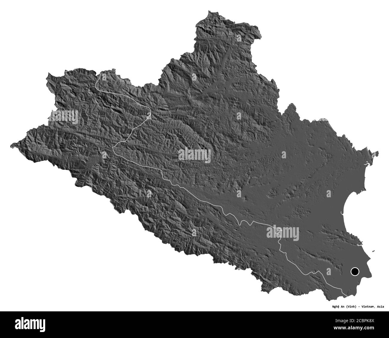 Forma di Nghệ An, provincia del Vietnam, con la sua capitale isolata su sfondo bianco. Mappa elevazione bilivello. Rendering 3D Foto Stock