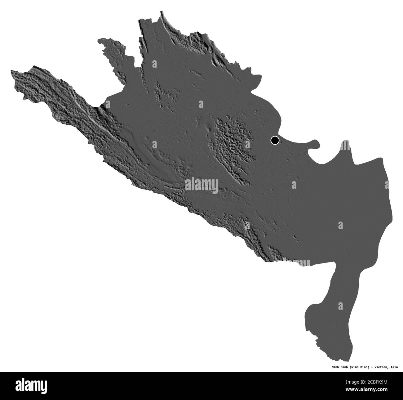 Forma di Ninh Bình, provincia del Vietnam, con la sua capitale isolata su sfondo bianco. Mappa elevazione bilivello. Rendering 3D Foto Stock