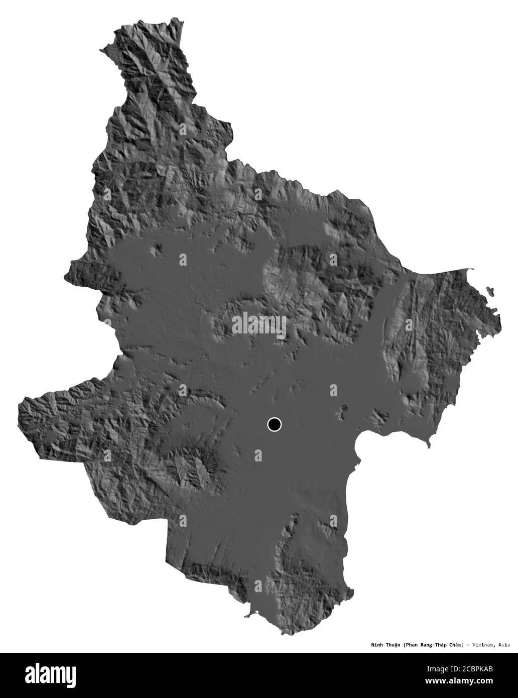 Forma di Ninh Thuận, provincia del Vietnam, con la sua capitale isolata su sfondo bianco. Mappa elevazione bilivello. Rendering 3D Foto Stock