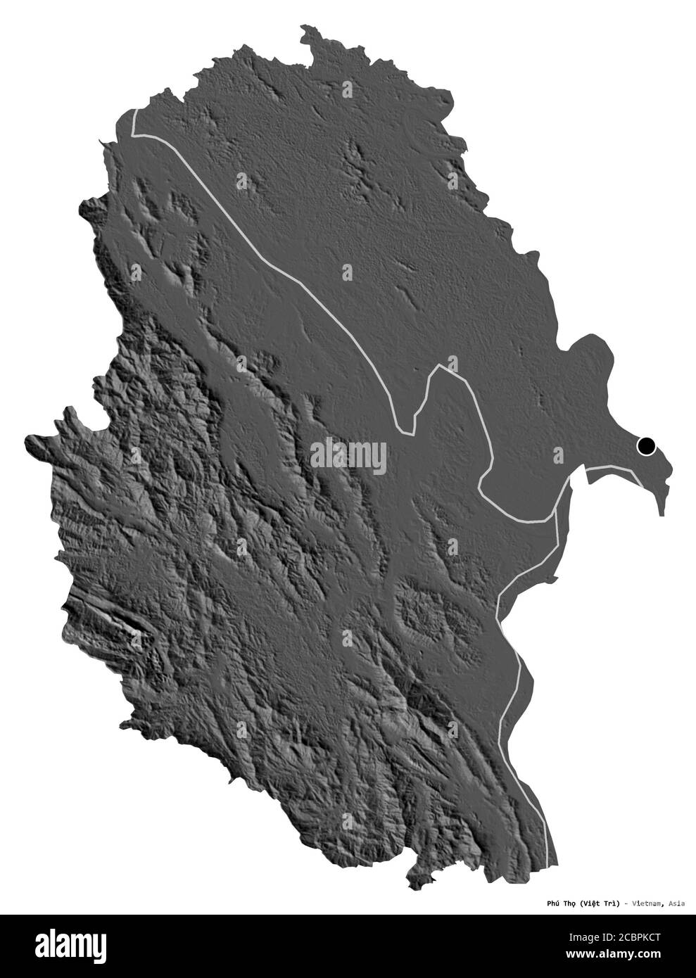 Forma di Phú Thọ, provincia del Vietnam, con la sua capitale isolata su sfondo bianco. Mappa elevazione bilivello. Rendering 3D Foto Stock