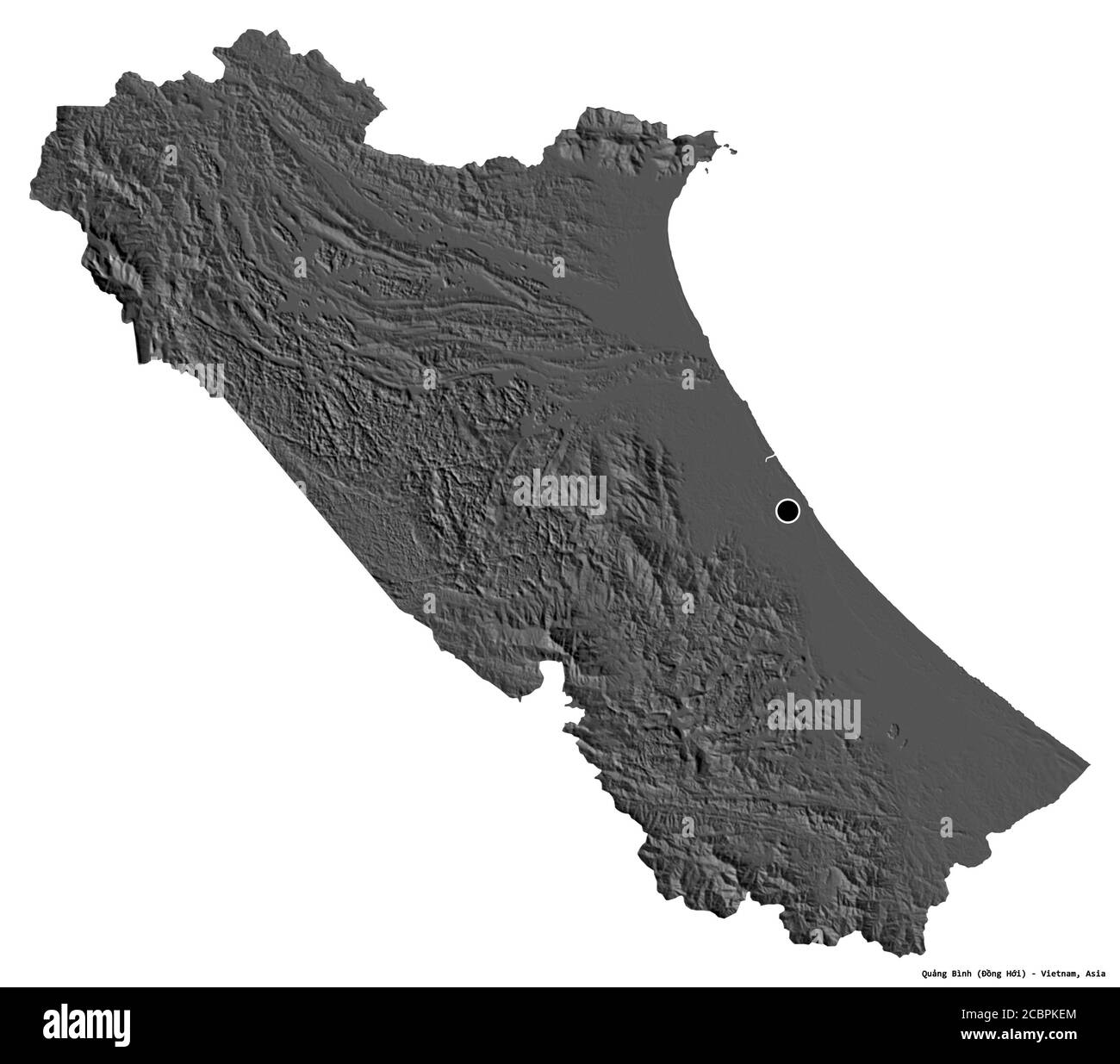 Forma di Quảng Bình, provincia del Vietnam, con la sua capitale isolata su sfondo bianco. Mappa elevazione bilivello. Rendering 3D Foto Stock