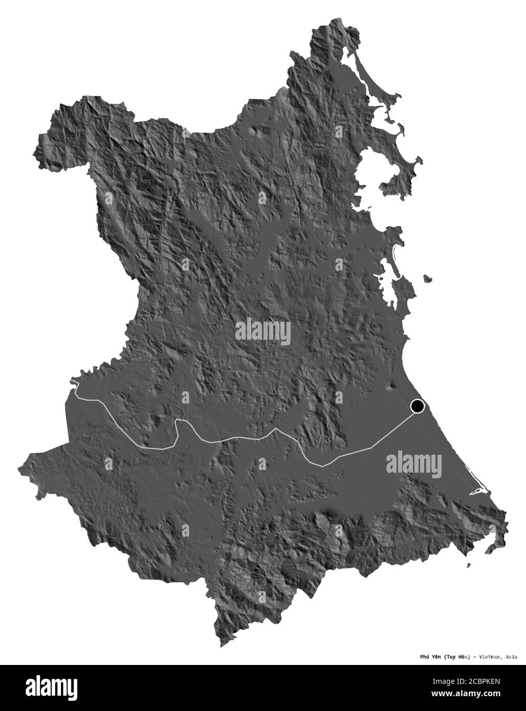 Forma di Phú Yên, provincia del Vietnam, con la sua capitale isolata su sfondo bianco. Mappa elevazione bilivello. Rendering 3D Foto Stock