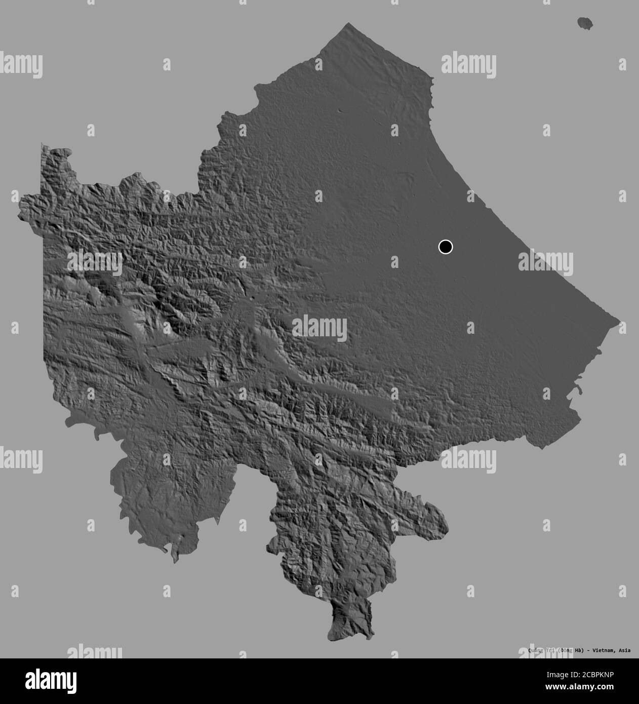 Forma di Quảng Trị, provincia del Vietnam, con la sua capitale isolata su uno sfondo di colore pieno. Mappa elevazione bilivello. Rendering 3D Foto Stock