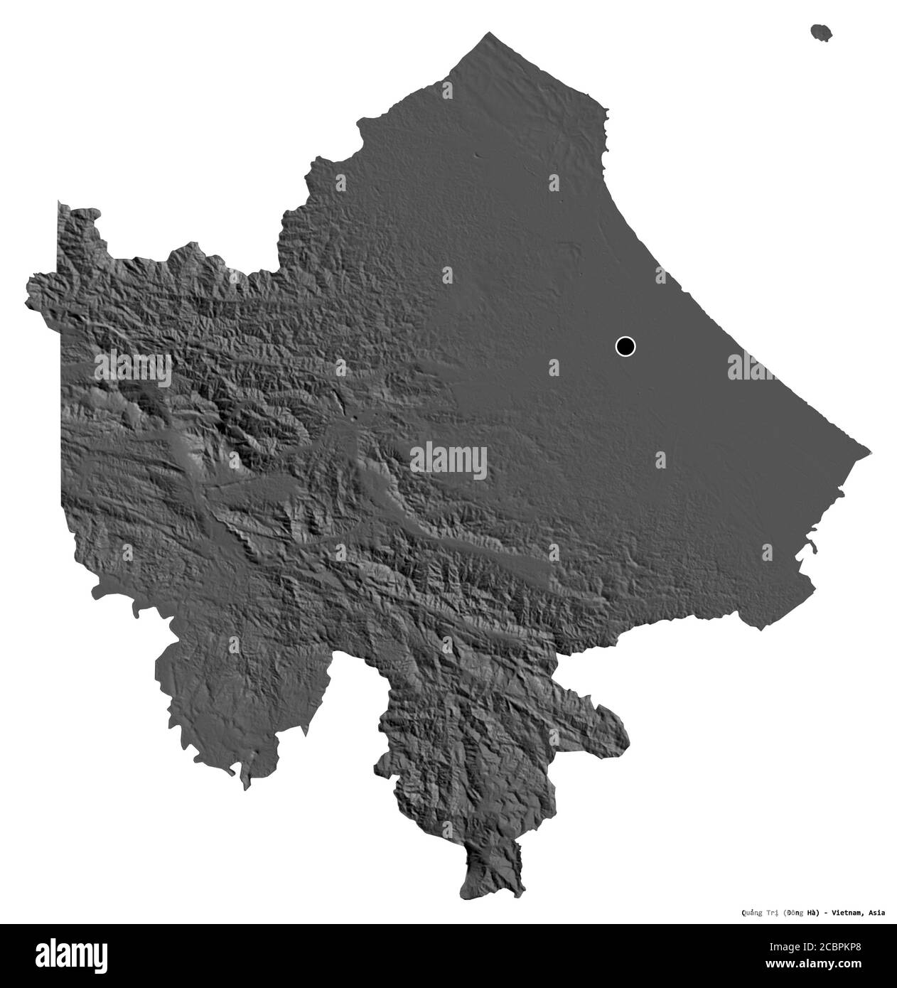 Forma di Quảng Trị, provincia del Vietnam, con la sua capitale isolata su sfondo bianco. Mappa elevazione bilivello. Rendering 3D Foto Stock