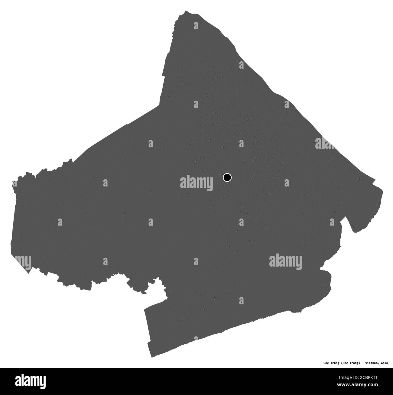 Forma di Sóc Trăng, provincia del Vietnam, con la sua capitale isolata su sfondo bianco. Mappa elevazione bilivello. Rendering 3D Foto Stock