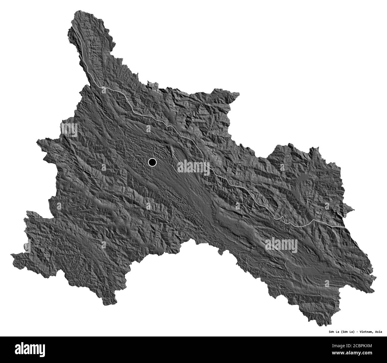 Forma di Sơn la, provincia del Vietnam, con la sua capitale isolata su sfondo bianco. Mappa elevazione bilivello. Rendering 3D Foto Stock