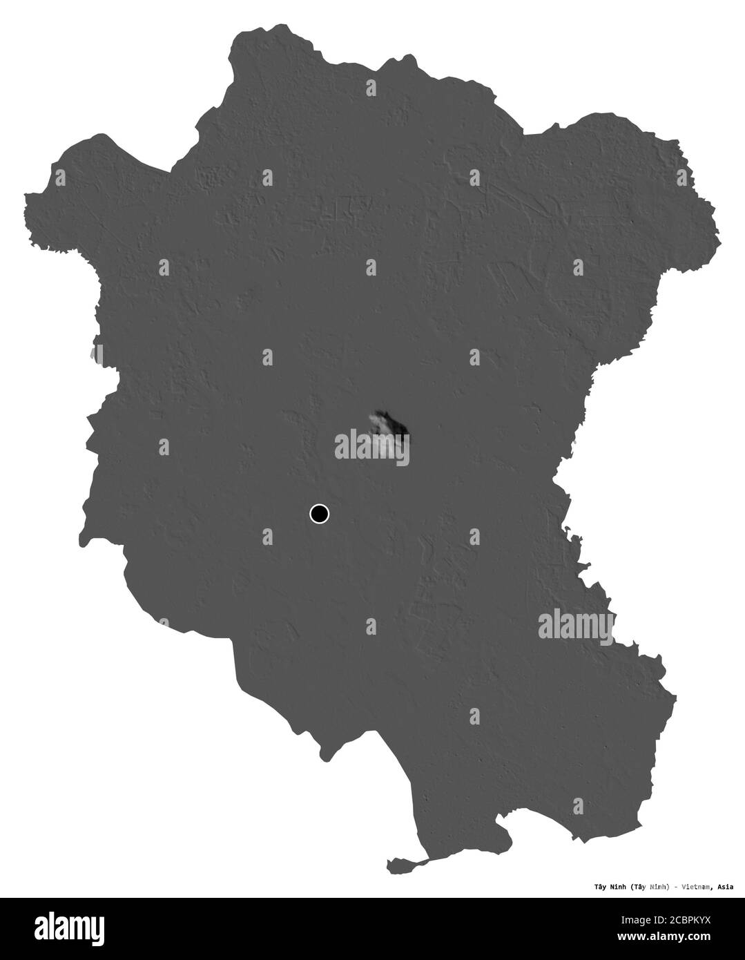 Forma di Tây Ninh, provincia del Vietnam, con la sua capitale isolata su sfondo bianco. Mappa elevazione bilivello. Rendering 3D Foto Stock