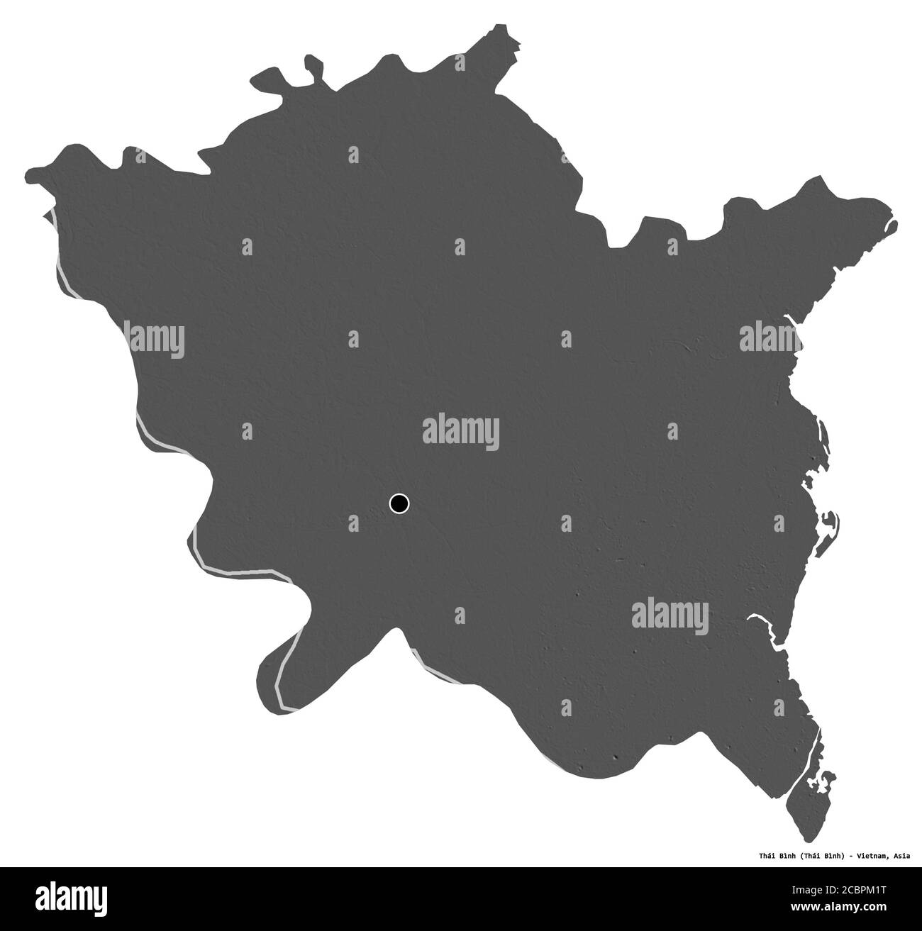 Forma di Thái Bình, provincia del Vietnam, con la sua capitale isolata su sfondo bianco. Mappa elevazione bilivello. Rendering 3D Foto Stock
