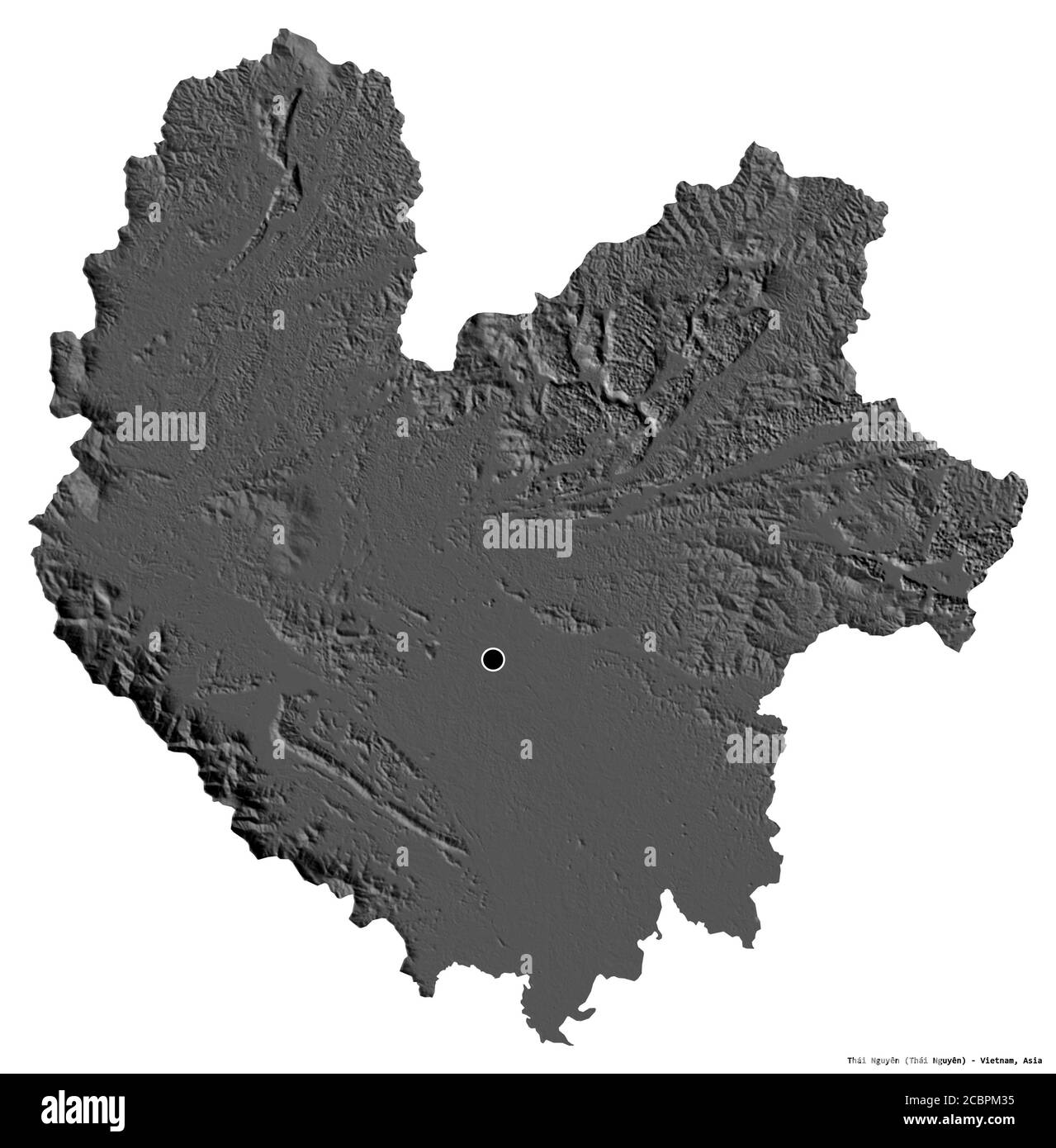Forma di Thái Nguyên, provincia del Vietnam, con la sua capitale isolata su sfondo bianco. Mappa elevazione bilivello. Rendering 3D Foto Stock