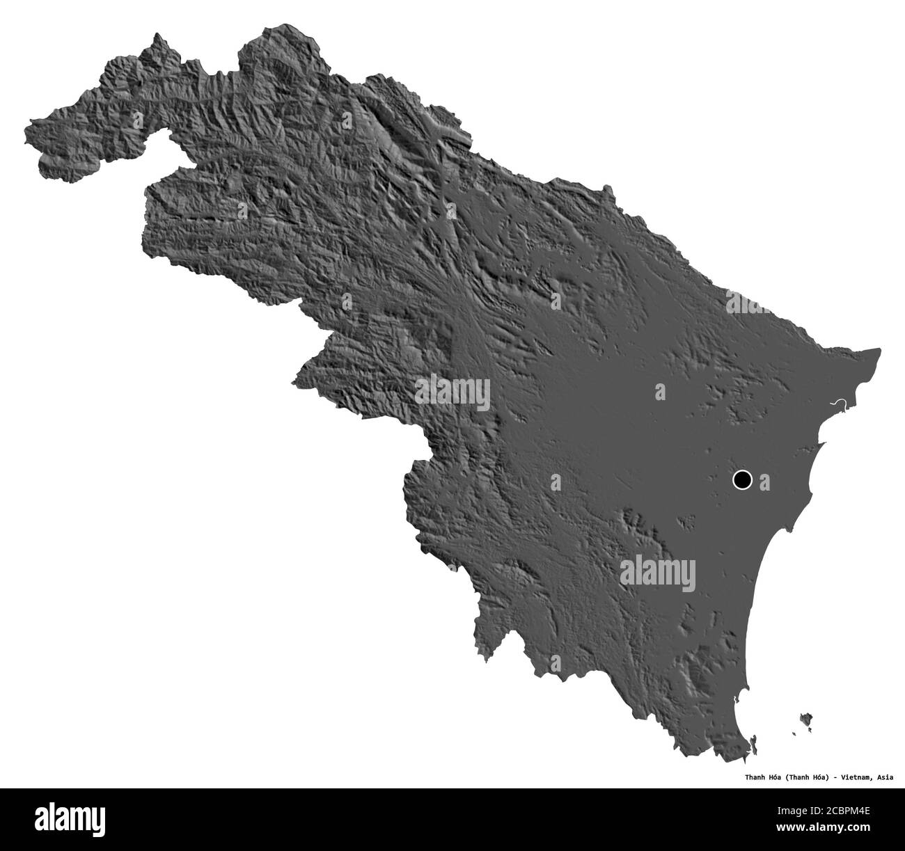 Forma di Thanh Hóa, provincia del Vietnam, con la sua capitale isolata su sfondo bianco. Mappa elevazione bilivello. Rendering 3D Foto Stock