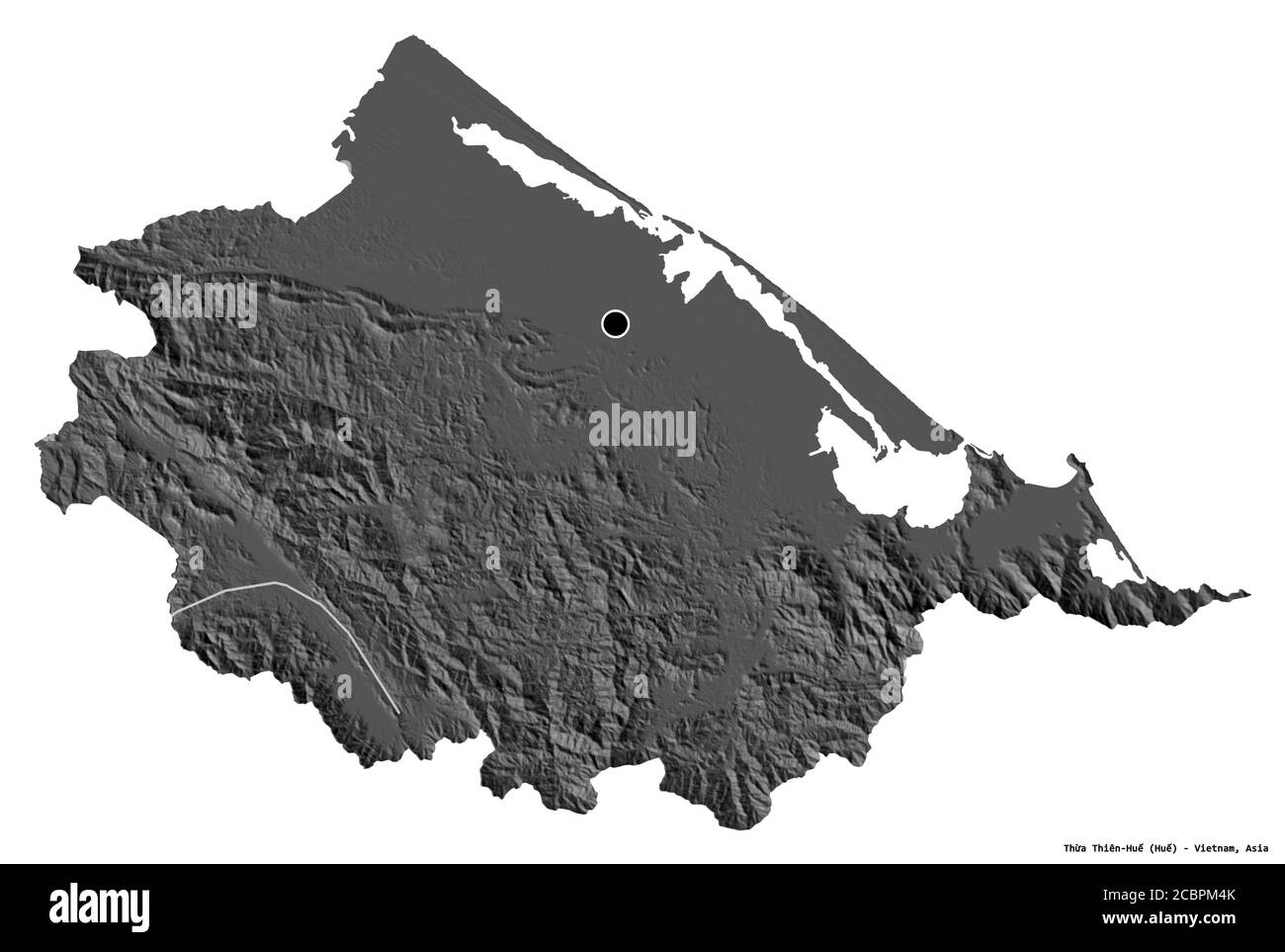 Forma di Thừa Thiên-Huế, provincia del Vietnam, con la sua capitale isolata su sfondo bianco. Mappa elevazione bilivello. Rendering 3D Foto Stock