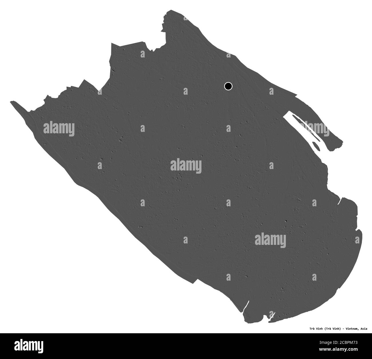 Forma di Trà Vinh, provincia del Vietnam, con la sua capitale isolata su sfondo bianco. Mappa elevazione bilivello. Rendering 3D Foto Stock