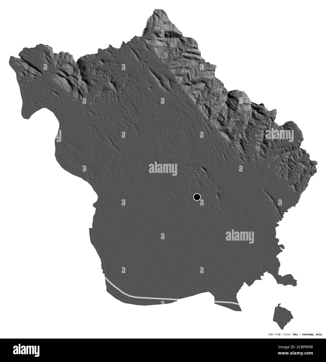 Forma di Vĩnh Phúc, provincia del Vietnam, con la sua capitale isolata su sfondo bianco. Mappa elevazione bilivello. Rendering 3D Foto Stock