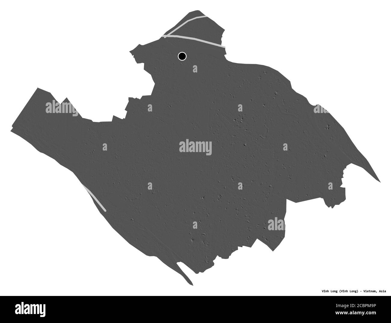 Forma di Vĩnh Long, provincia del Vietnam, con la sua capitale isolata su sfondo bianco. Mappa elevazione bilivello. Rendering 3D Foto Stock