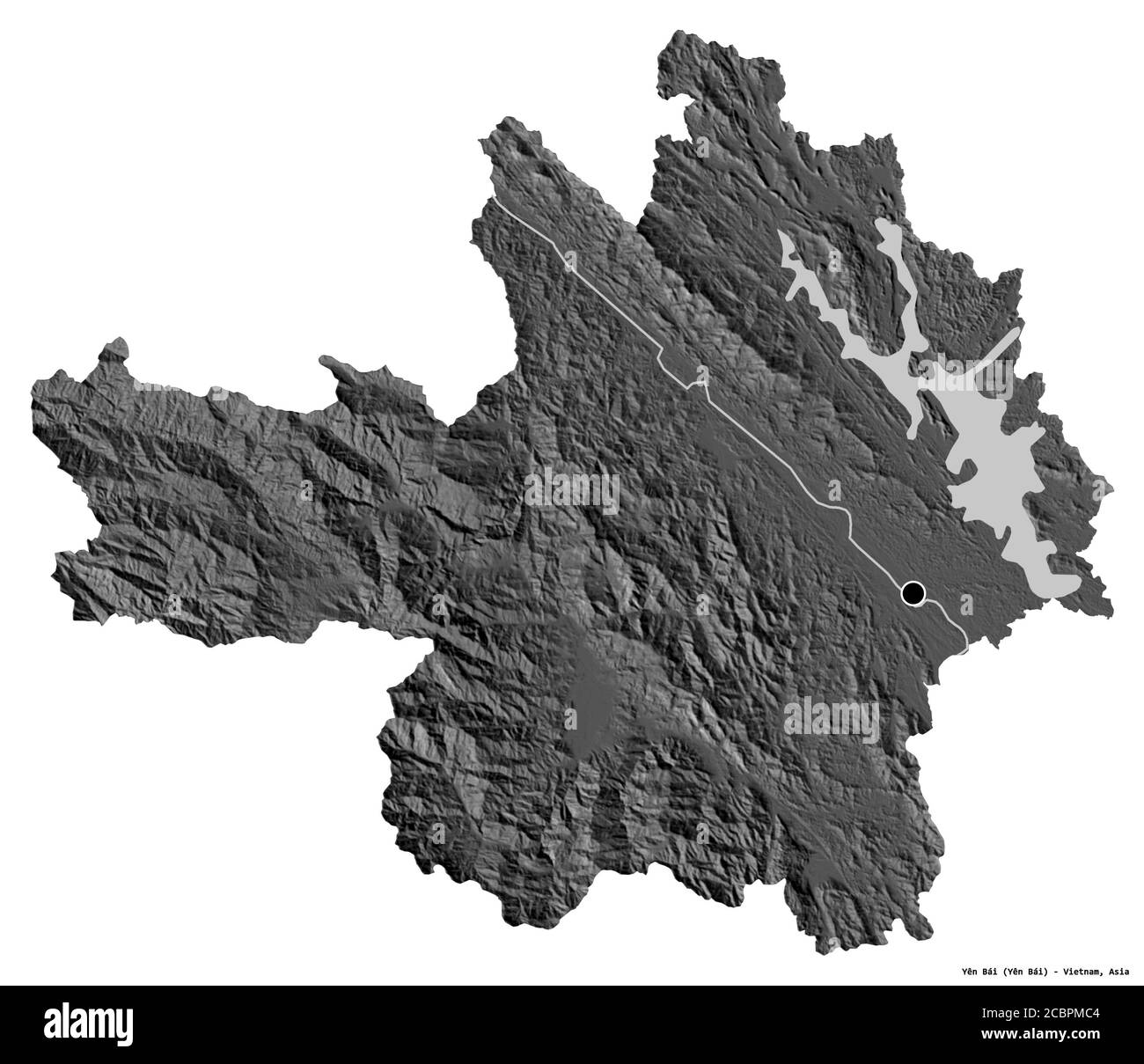 Forma di Yên Bái, provincia del Vietnam, con la sua capitale isolata su sfondo bianco. Mappa elevazione bilivello. Rendering 3D Foto Stock
