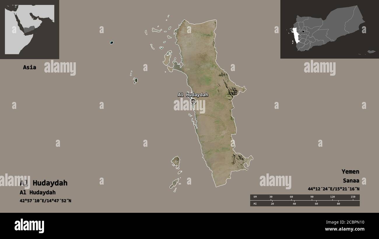 Forma di al Hudaydah, governatorato dello Yemen, e la sua capitale. Scala della distanza, anteprime ed etichette. Immagini satellitari. Rendering 3D Foto Stock