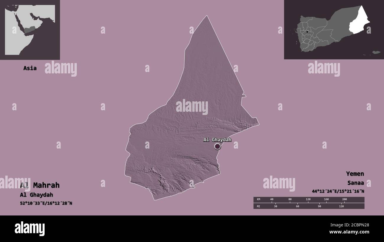 Forma di al Mahrah, governatorato dello Yemen, e la sua capitale. Scala della distanza, anteprime ed etichette. Mappa di elevazione colorata. Rendering 3D Foto Stock