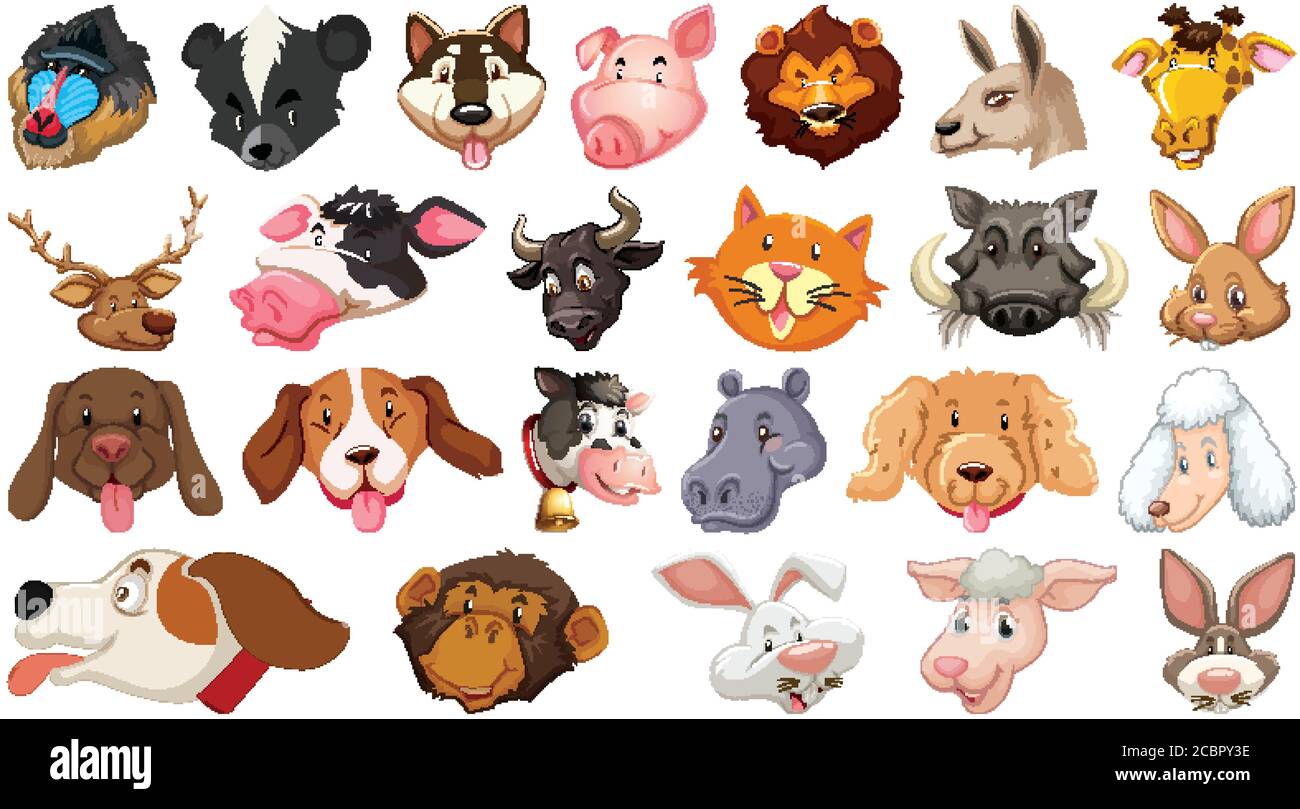 Insieme di diversi animali carino cartone animato testa enorme isolato su sfondo bianco illustrazione Illustrazione Vettoriale