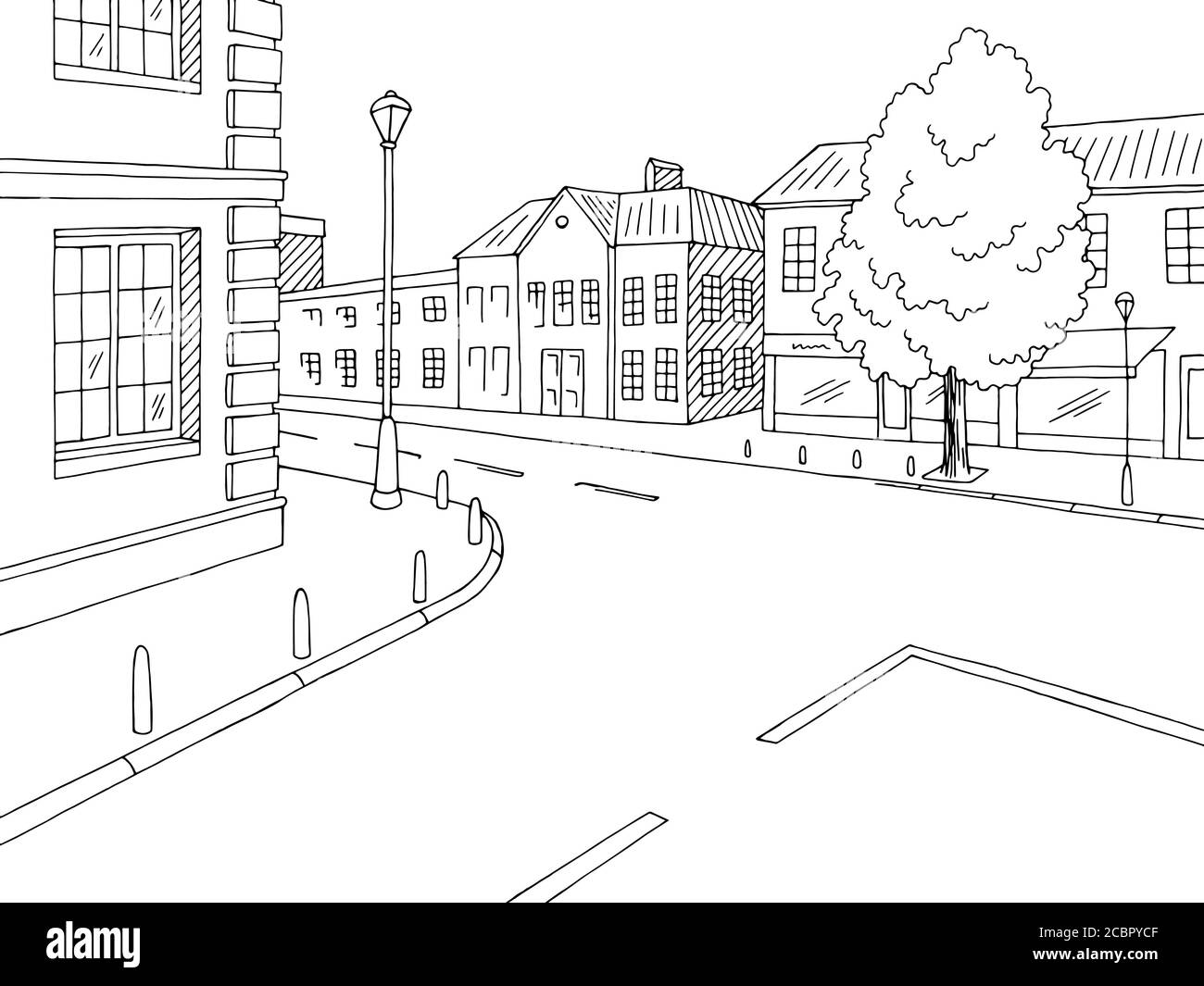Street Road grafica black white Crossroad città paesaggio illustrazione schizzo vettore Illustrazione Vettoriale