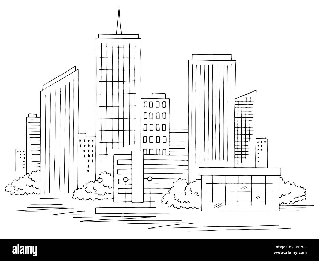 Città grafica nero bianco disegno città disegno vettore Illustrazione Vettoriale