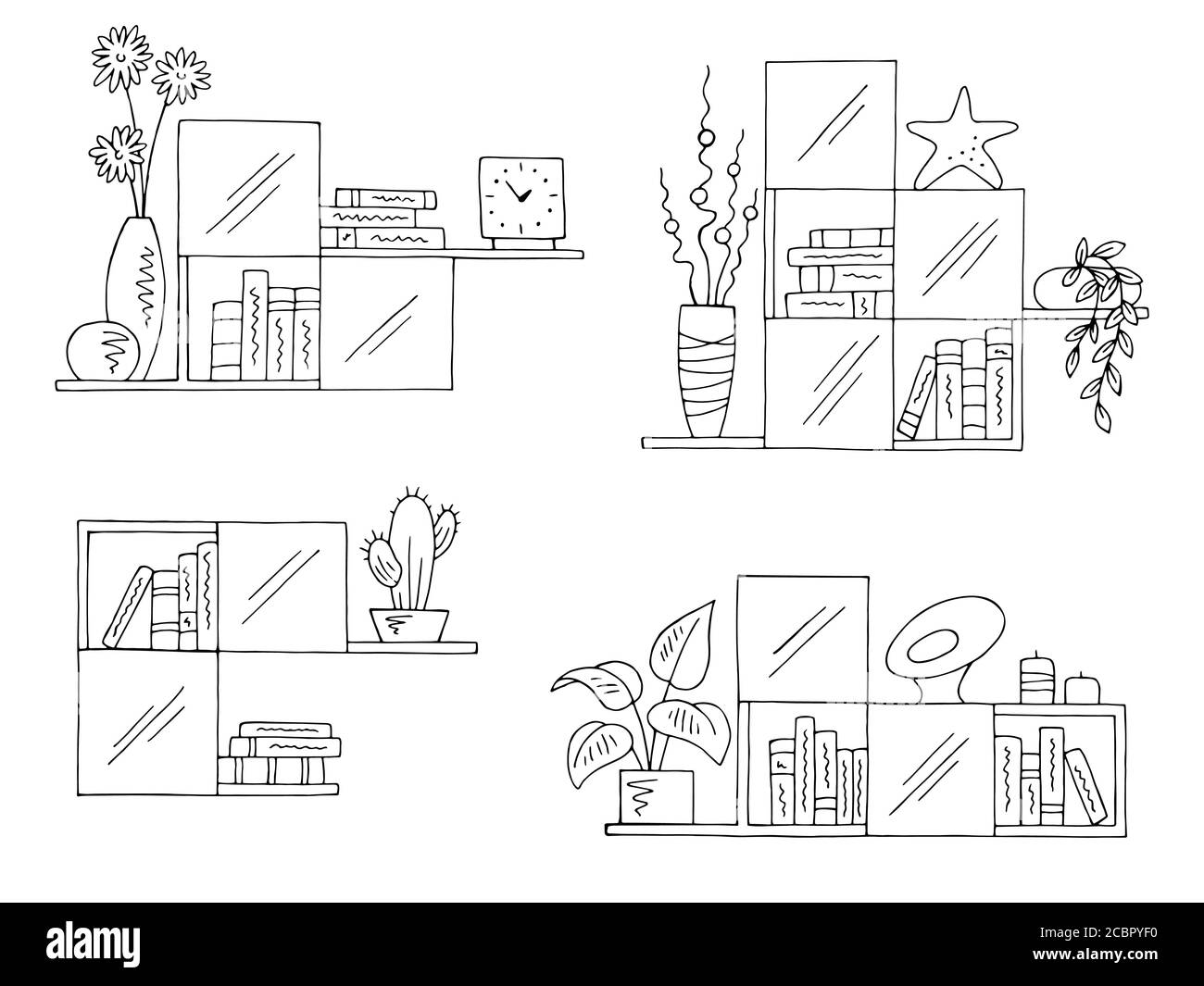 Scaffali Set grafico bianco nero isolato illustrazione vettore di schizzo Illustrazione Vettoriale