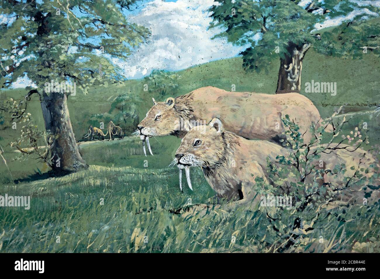 Wall art sulla passeggiata di Sheringham con un tema neolitico mammifero e mammifero, Sheringham, Norfolk, Inghilterra Foto Stock