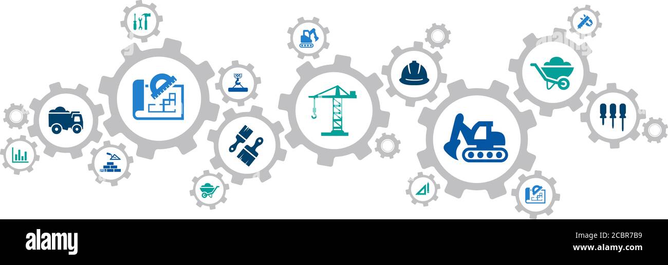 Illustrazione della struttura. Concept con icone su immobili, architettura, gestione di progetti di sviluppo o ristrutturazione e manutenzione di edifici. Foto Stock