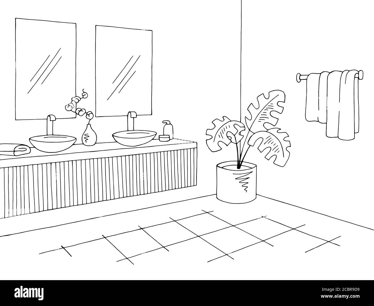 Bagno grafico interno casa nero bianco disegno vettore illustrazione Illustrazione Vettoriale
