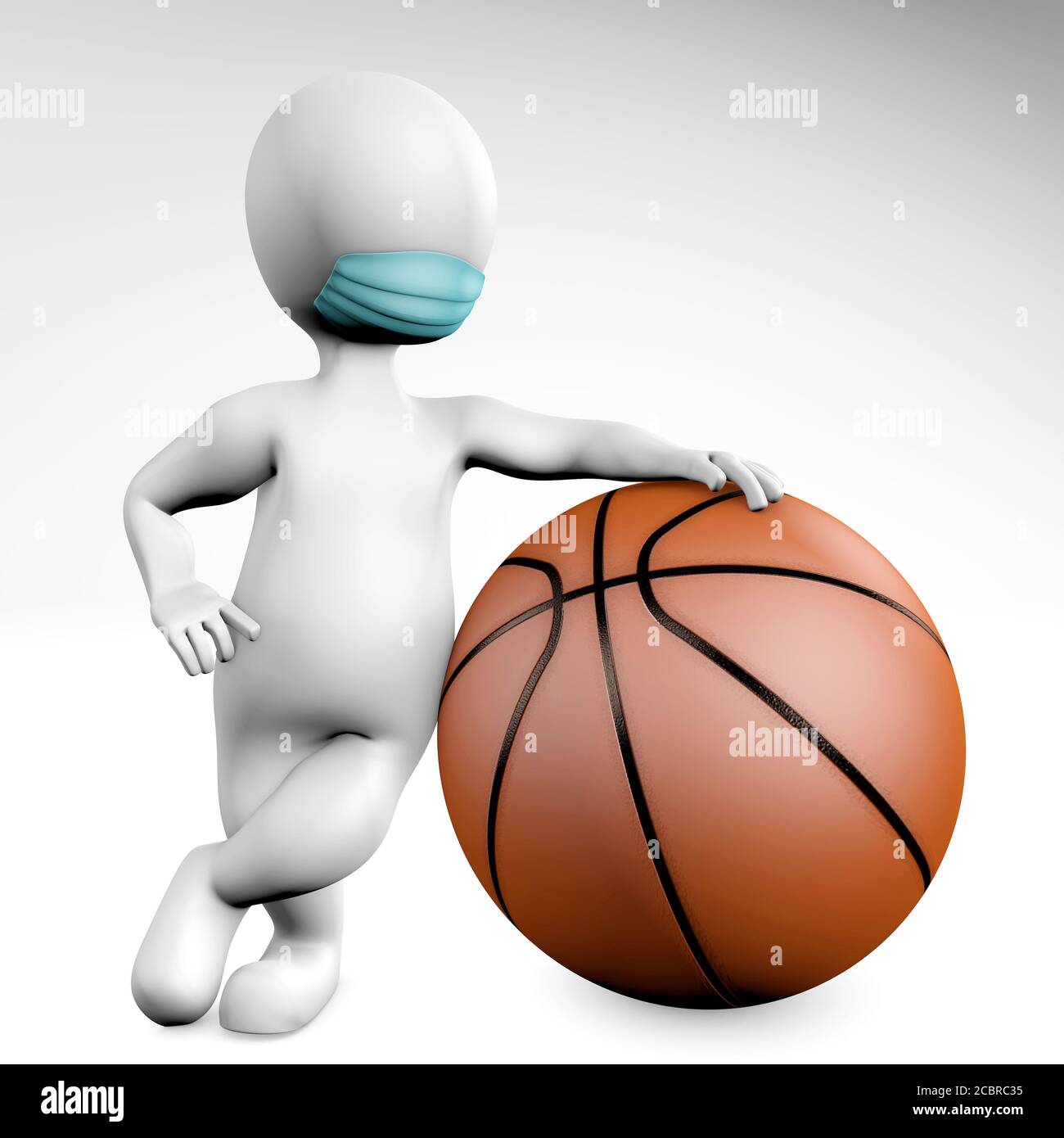 Uomo con una maschera con una palla per basket 3d rendering isolato su bianco Foto Stock