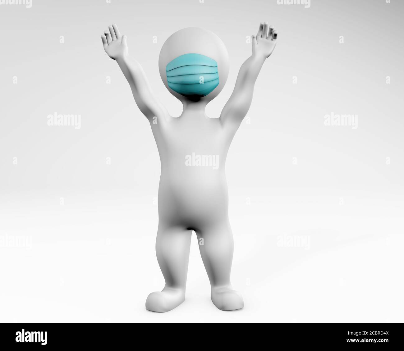 Uomo con maschera mani su felice posa 3d rendering isolato su bianco Foto Stock