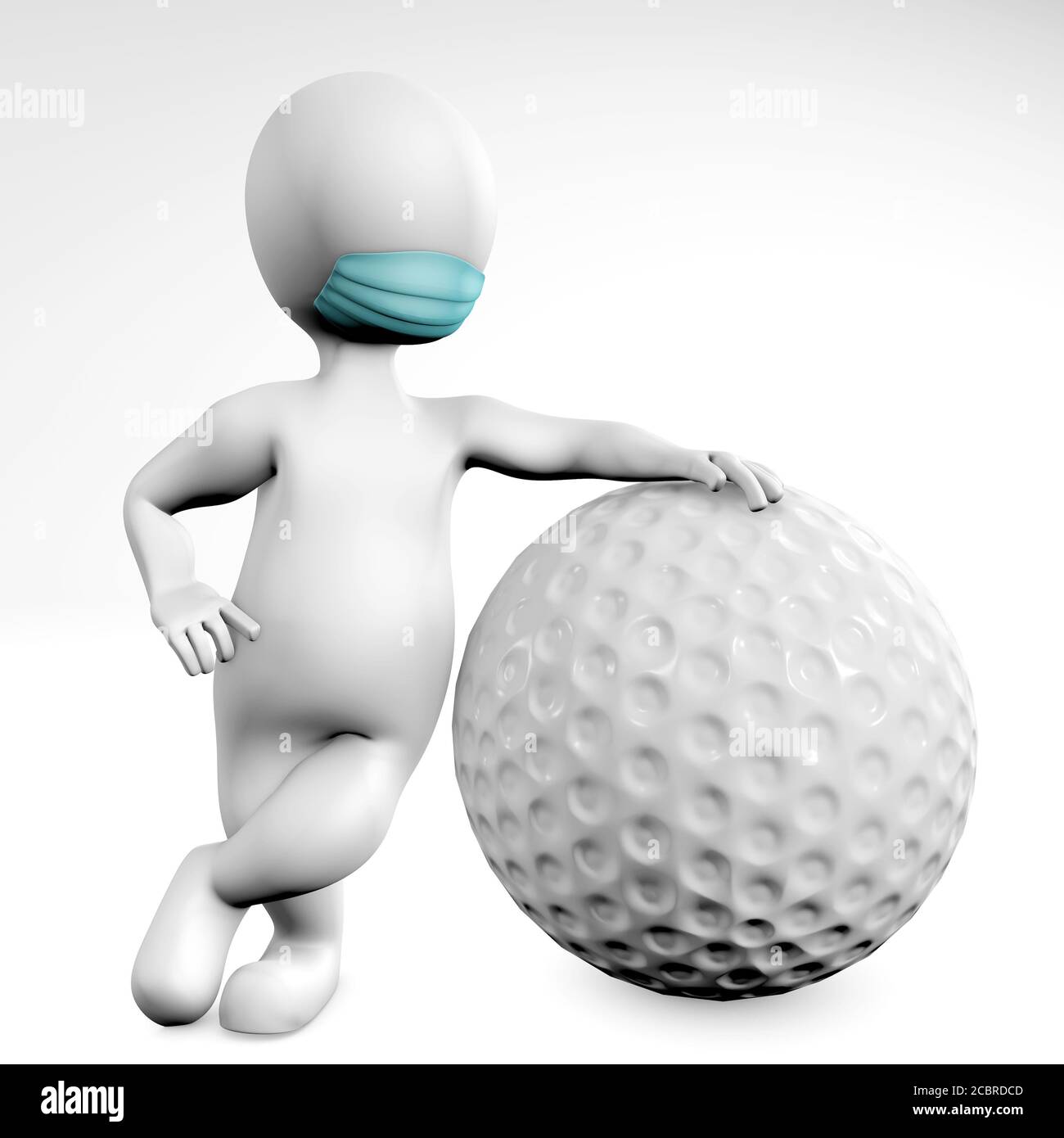 Uomo con una maschera con una palla per il golf 3d rendering isolato su bianco Foto Stock