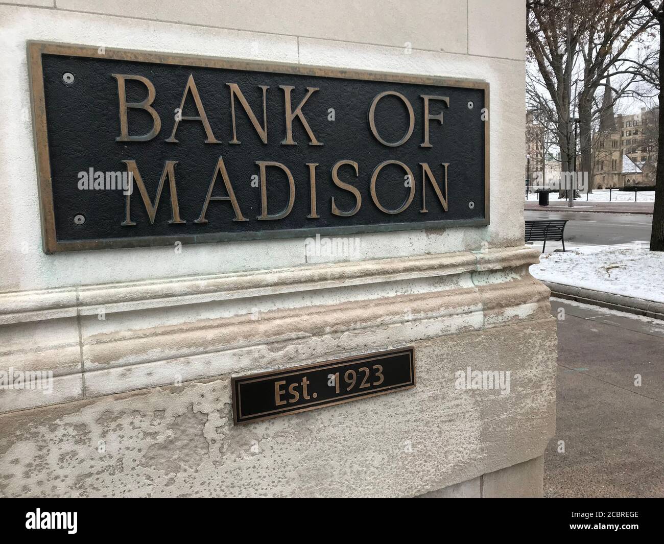 Bank of Madison, cartello all'interno dell'edificio. Madison, Wisconsin / Stati Uniti Foto Stock