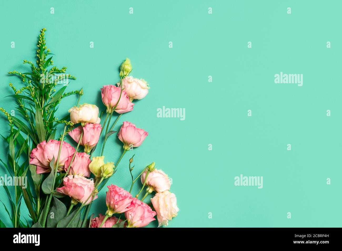 Composizione floreale con rose rosa pastello su sfondo verde chiaro con spazio per la copia Foto Stock