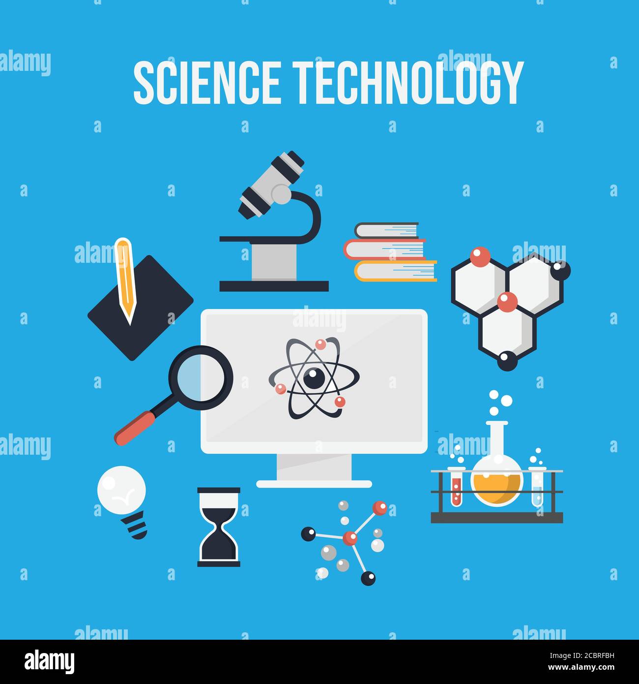 Concetto di progettazione piatta di scienza e tecnologia. Scienza tecnologia laboratorio di ricerca spazio di lavoro moderno design piatto stile Illustrazione Vettoriale