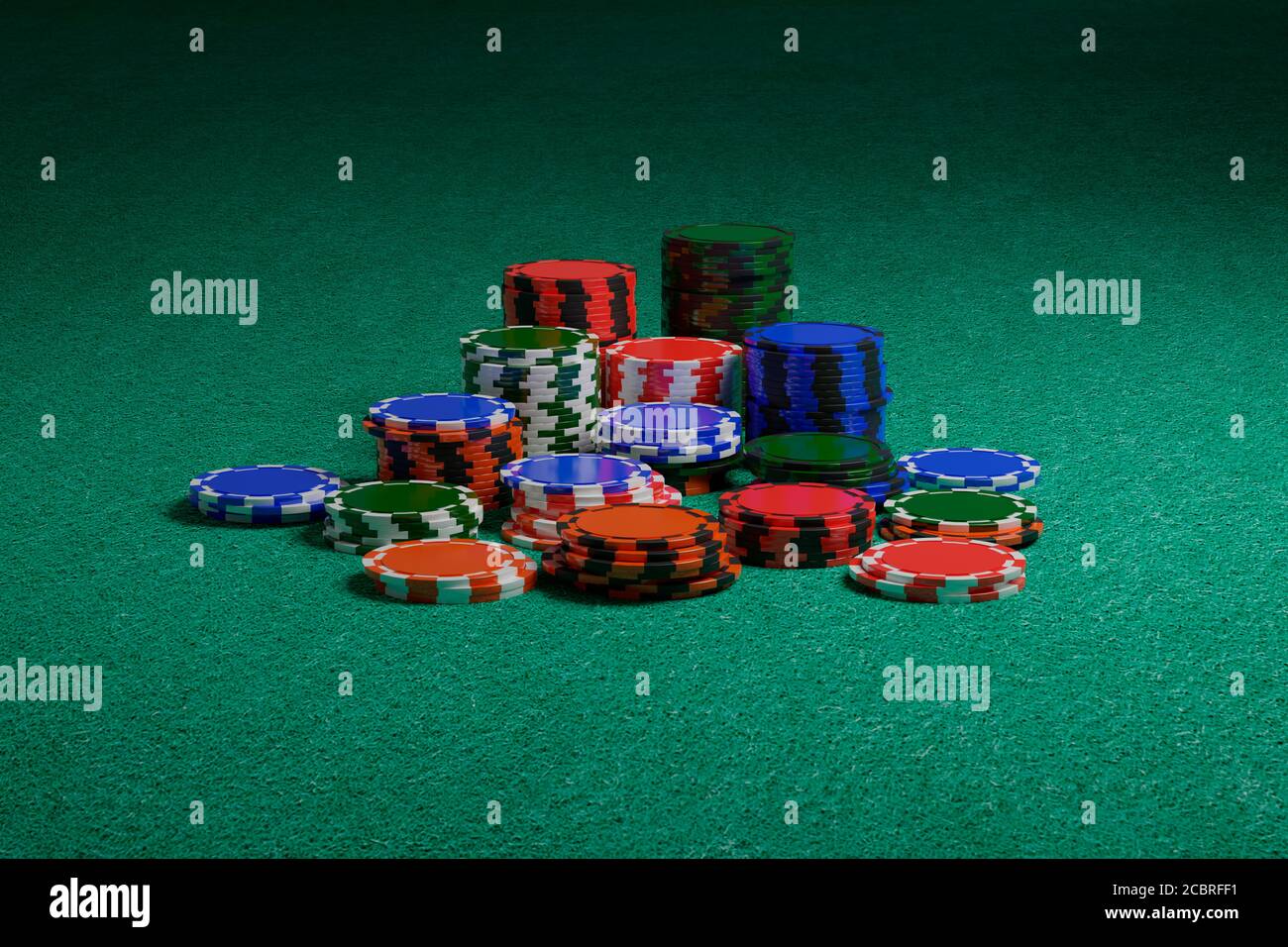 Poker chip su un panno verde. illustrazione 3d. Foto Stock