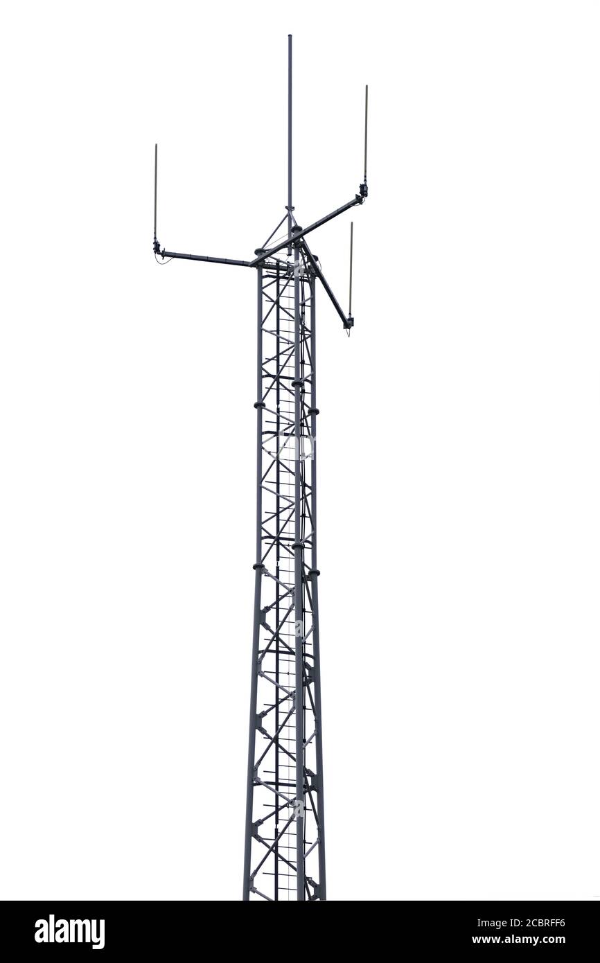 Torre di trasmissione per radio, televisione e dat. Isolato su bianco Foto Stock