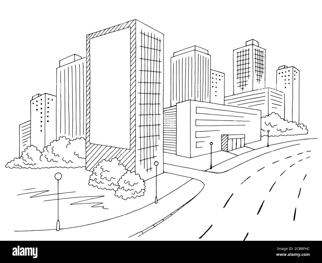 Disegno grafico di cartelloni per la costruzione di una strada bianca nera, illustrazione dello schizzo del paesaggio della città vettore Illustrazione Vettoriale