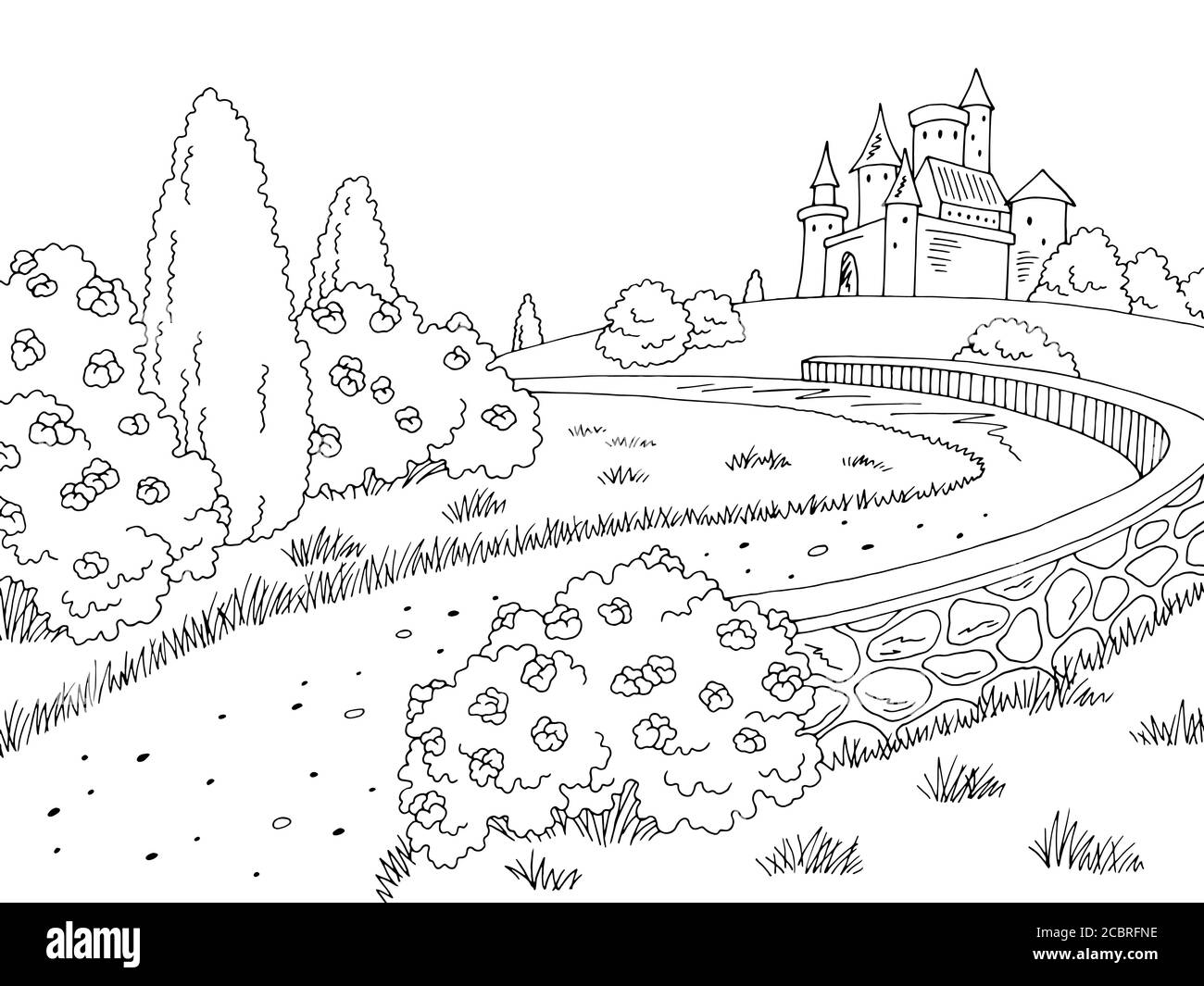 Castello strada grafica nero bianco disegno paesaggio illustrazione vettore Illustrazione Vettoriale