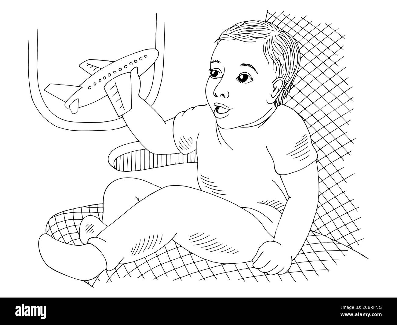Bambino giocando aereo giocattolo grafico nero bianco illustrazione vettore schizzo Illustrazione Vettoriale