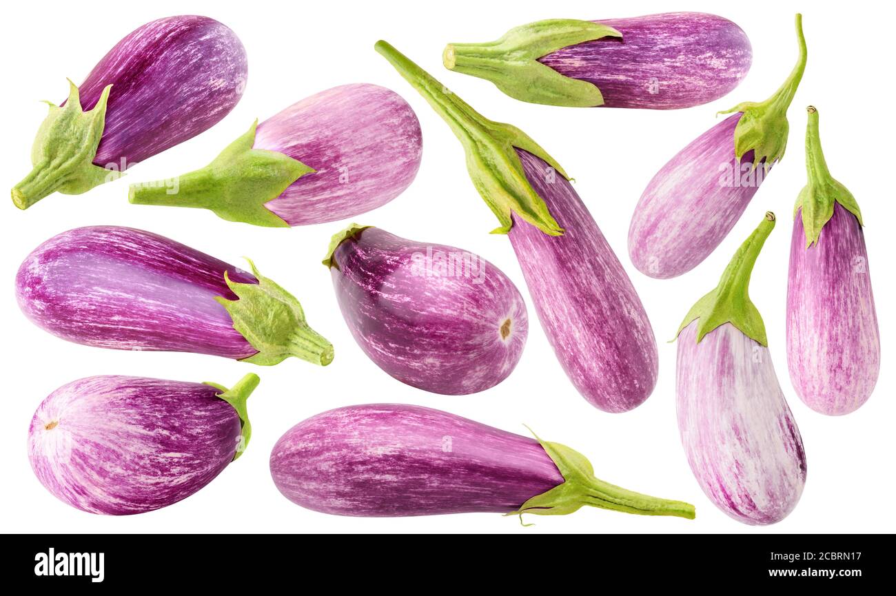 Raccolta di melanzane rosa isolate su sfondo bianco Foto Stock