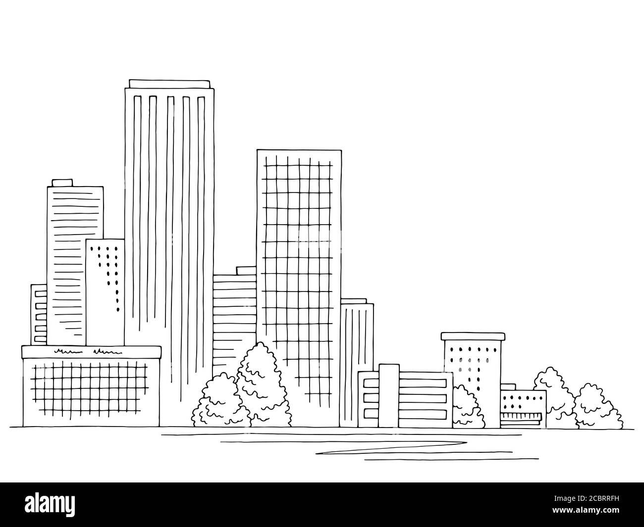 Città grafica nero bianco skyline disegno grafico vettoriale Illustrazione Vettoriale